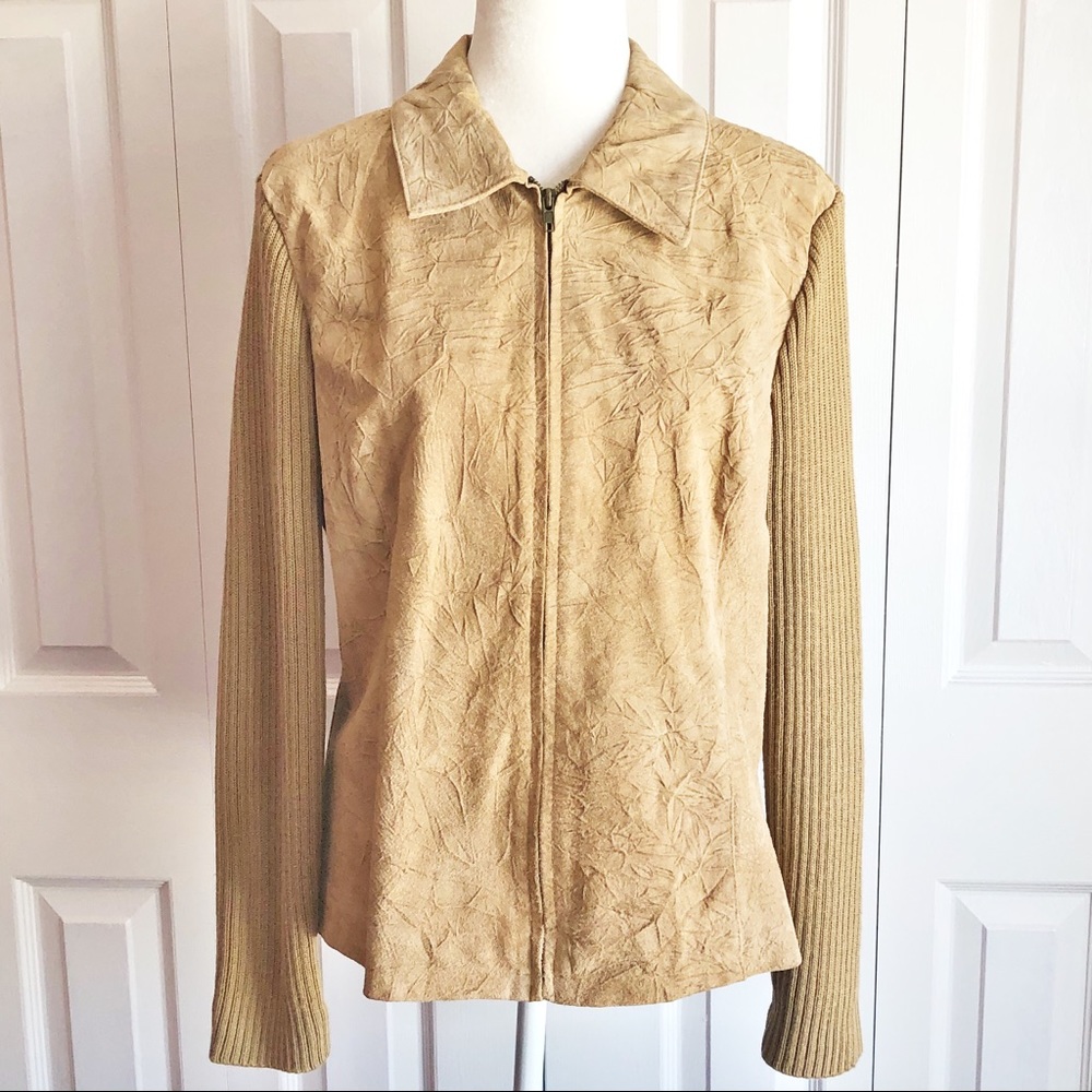 Coldwater Creek Tan Leather Suede Wool Blend Zip Sweater Jacket Large